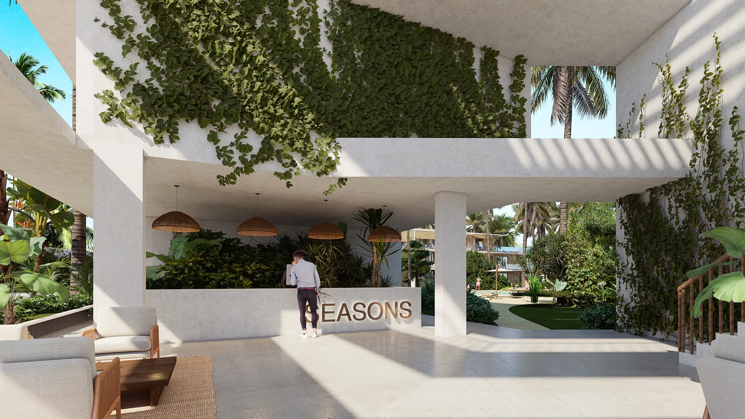 Architectural render of the entrance to Seasons Residences at Pongwe, under the palm canopy