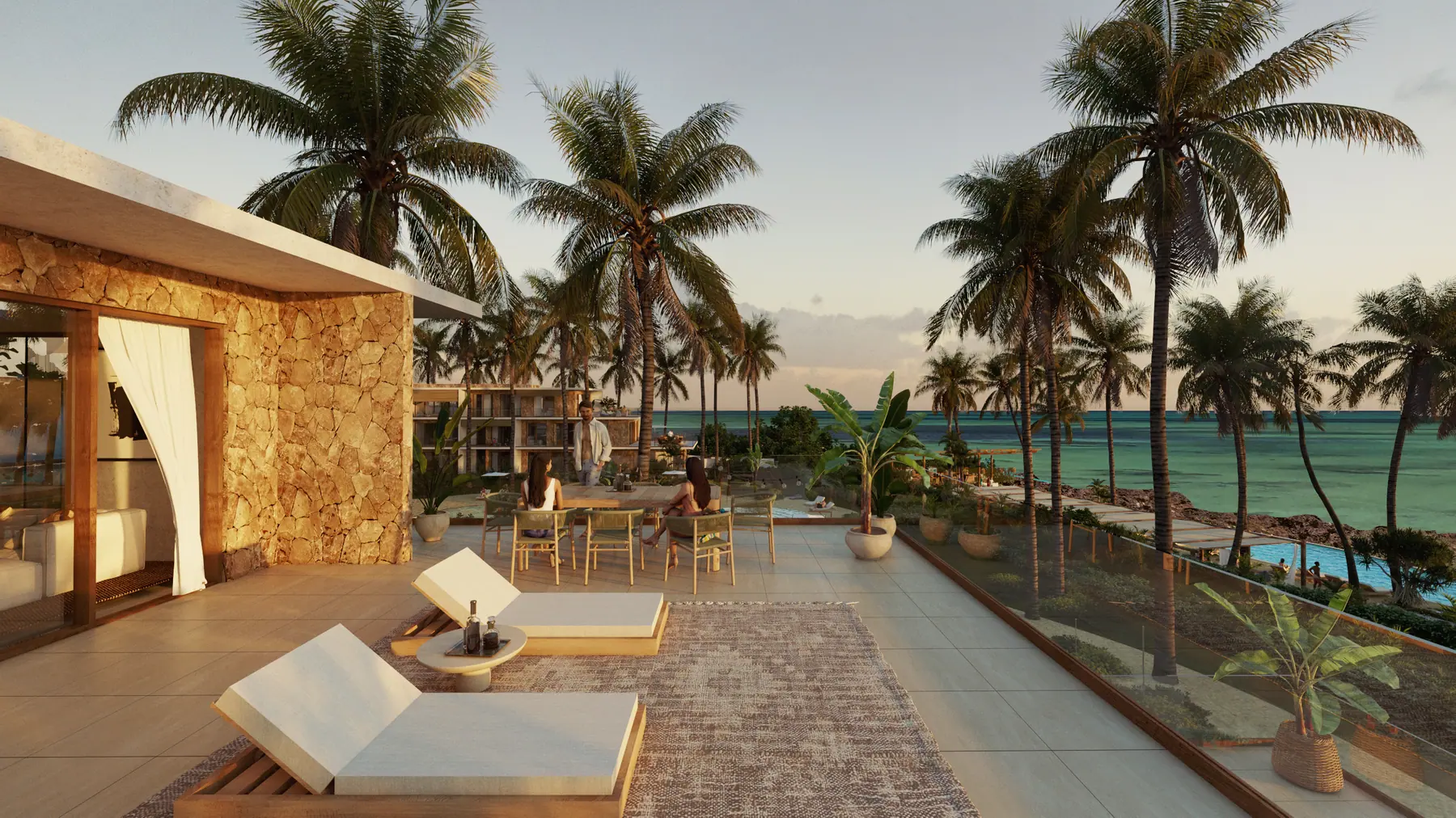 Render of a penthouse terrace at Seasons Residences at dusk, the palms and the lagoon beyond