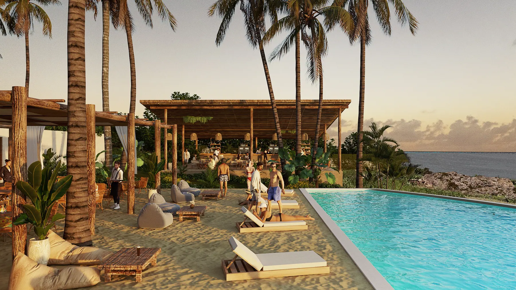 Render of the Seasons beach club at dusk: day beds, the infinity pool and the ocean beyond