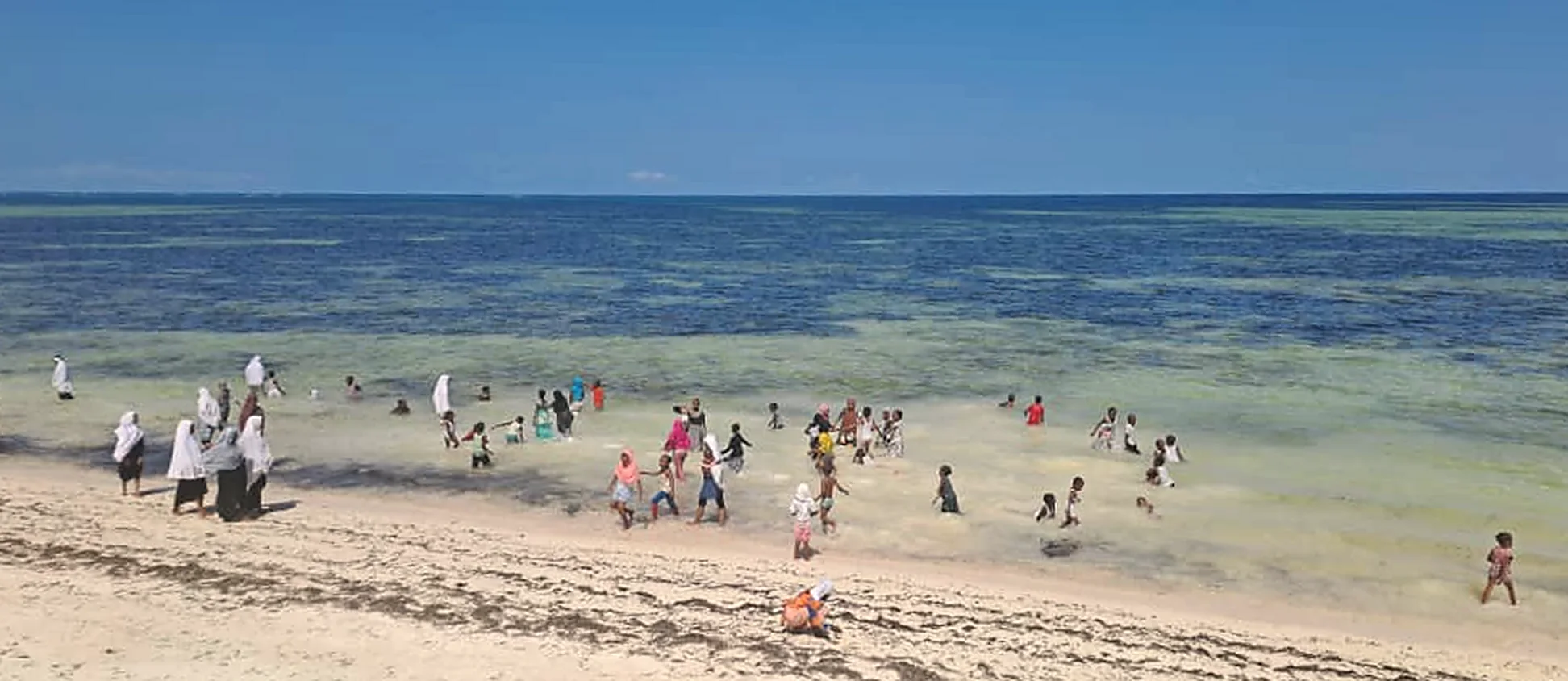Families and children from the Pongwe community in the shallows at low tide