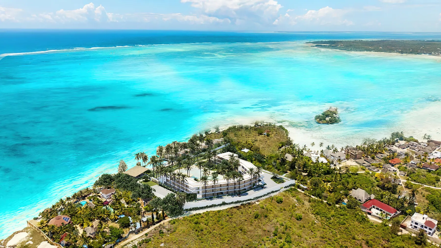Aerial render of Seasons on the cliff above the lagoon at Pongwe