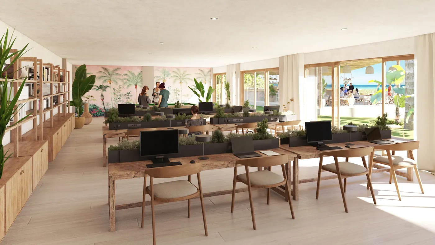 Render of the co-working space at Seasons, timber desks and planting, the gardens beyond