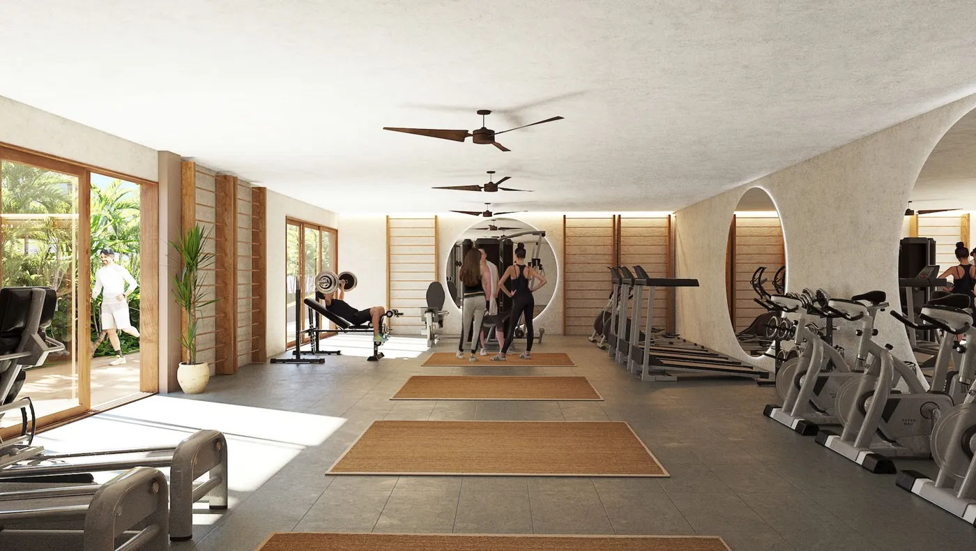 Render of the gym at Seasons, open to the gardens