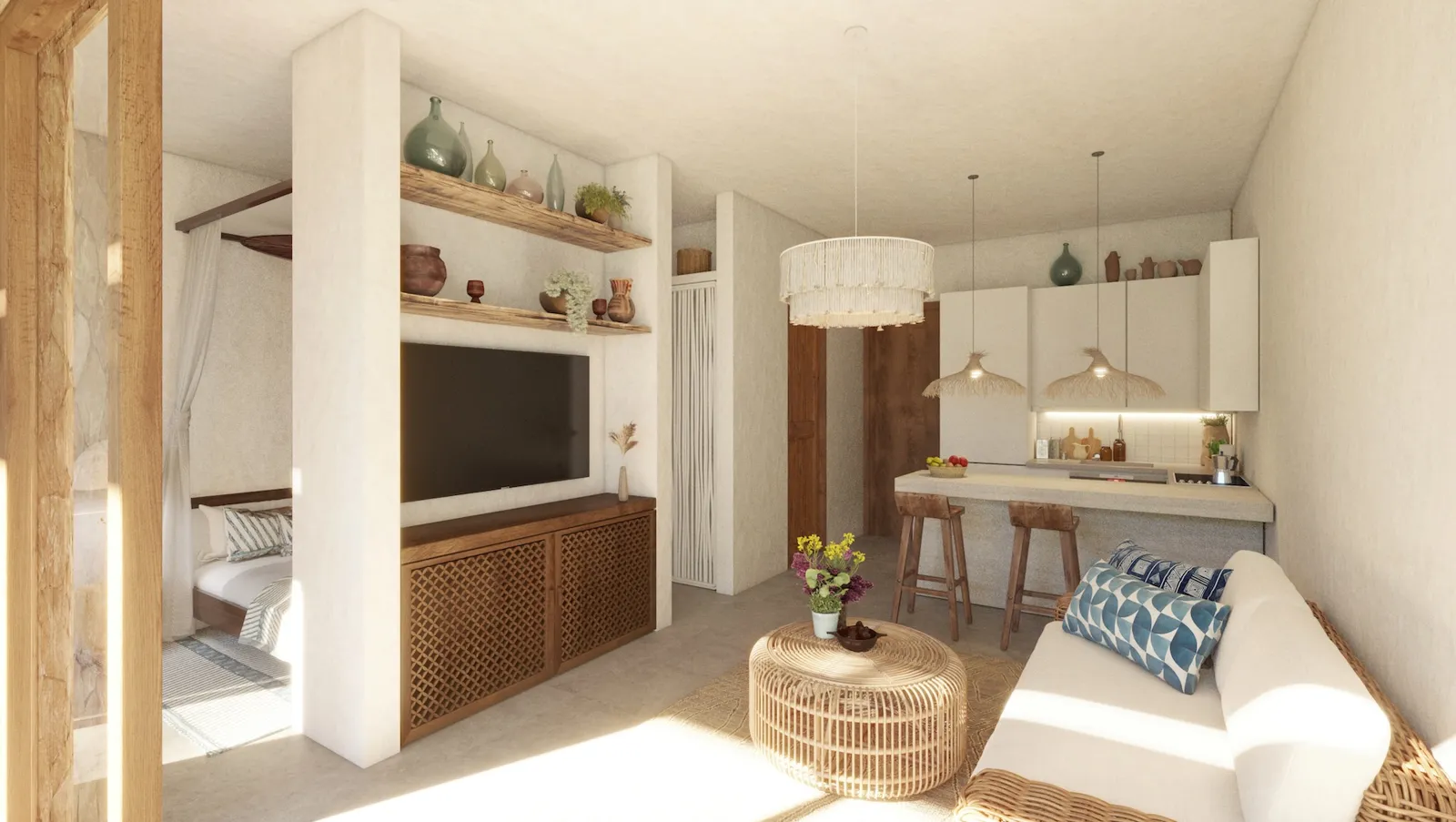 Render of a studio at Seasons Residences: open-plan living and kitchen, finished in timber, rattan and linen