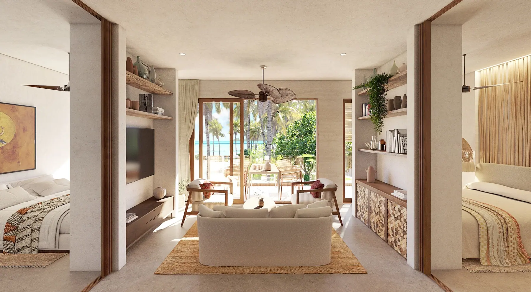 Render of a two-bedroom residence at Seasons: open living between the two bedrooms, the terrace and the palms beyond