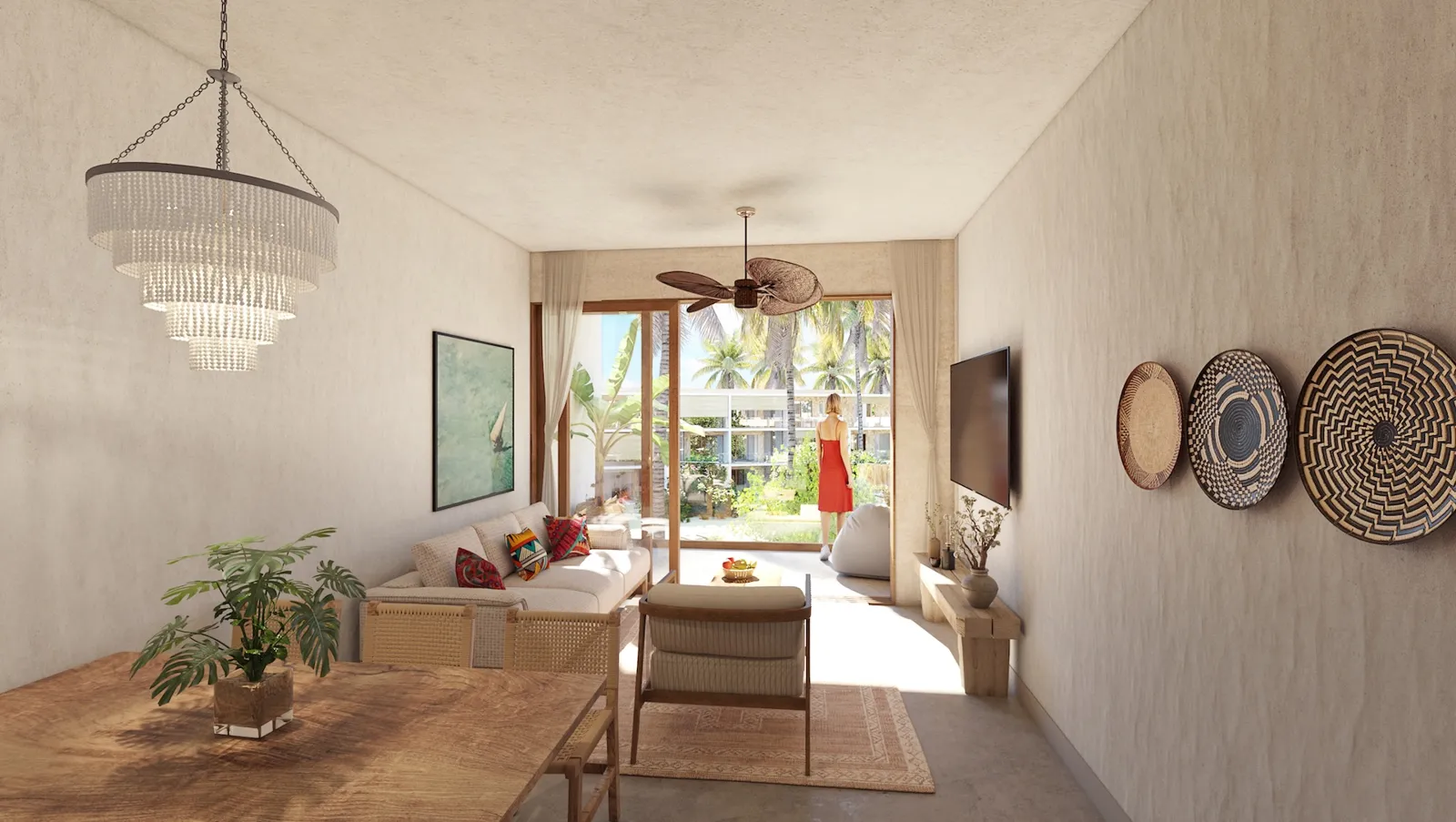 Render of a three-bedroom residence at Seasons: a long living room opening to the terrace and the gardens