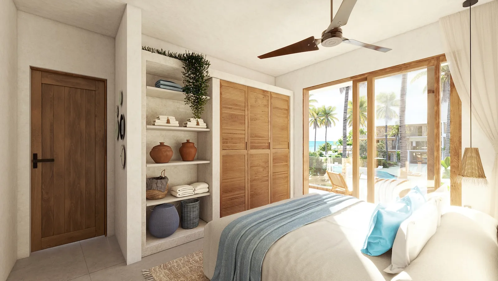 Render of a bedroom at Seasons Residences: timber shutters, built-in shelving and the terrace open to the palms and the sea