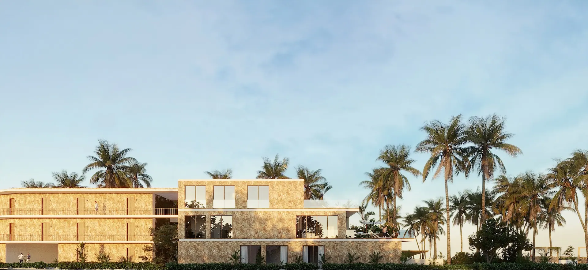 Render of Seasons Residences: low-rise coral stone blocks set within the coconut palms