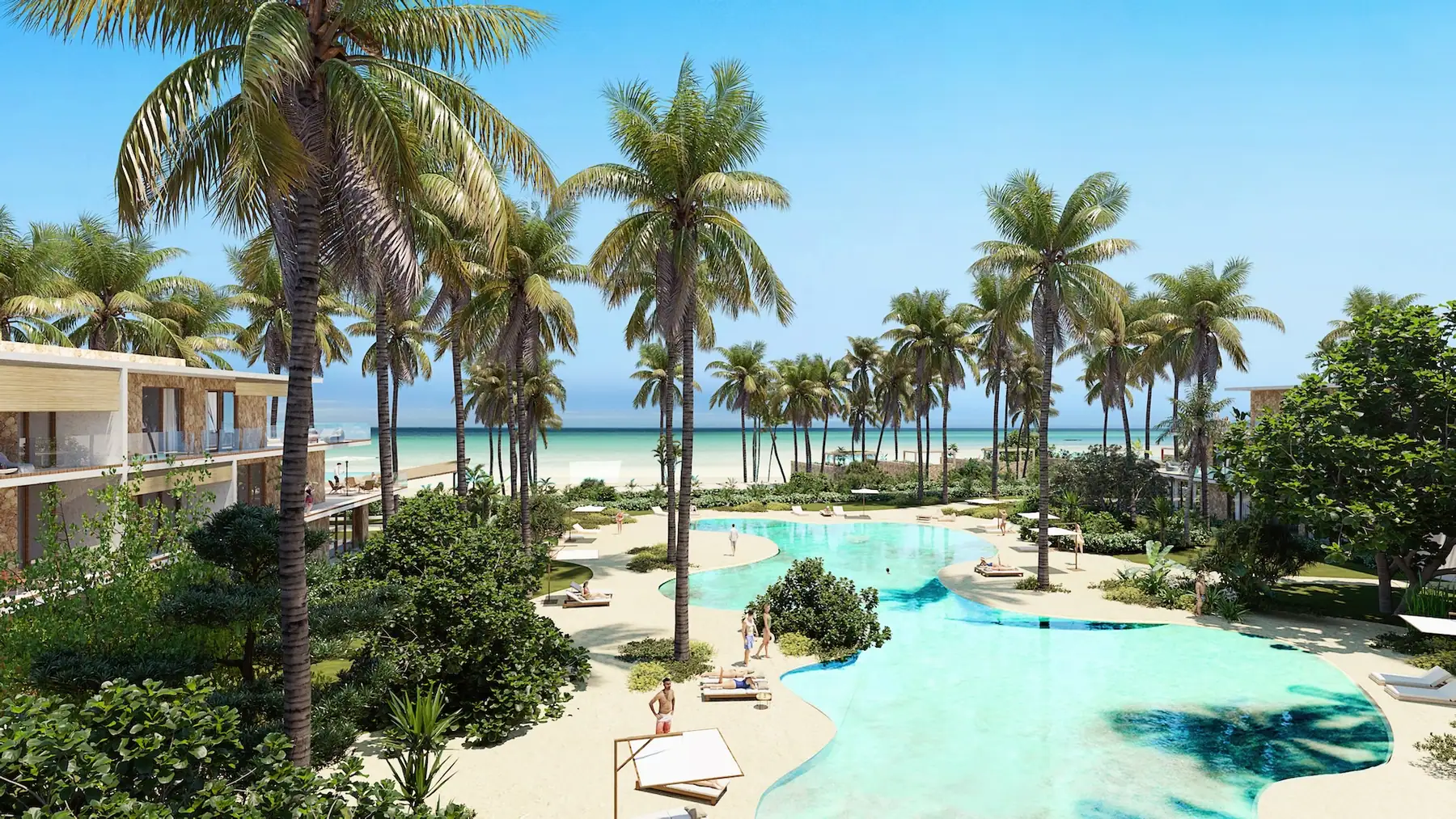 Render of the residents' lagoon pool at Seasons Residences, the residences among the palms and the beach beyond