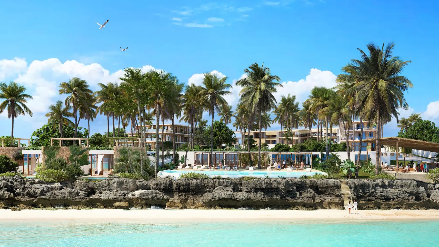 Render of Seasons from the beach: the beach club and infinity pool on the coral cliff, the residences among the palms behind
