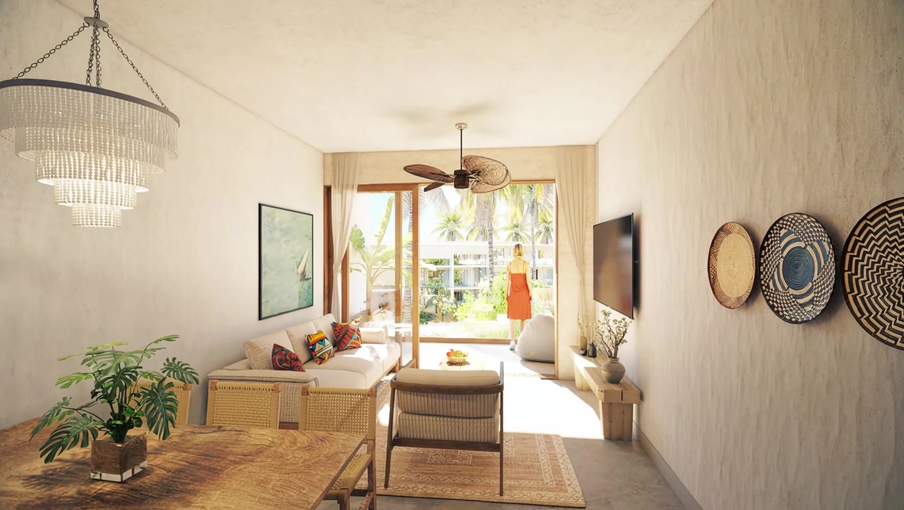 Render of a residence at Seasons: a guest at the open terrace doors, the living room and the palms beyond