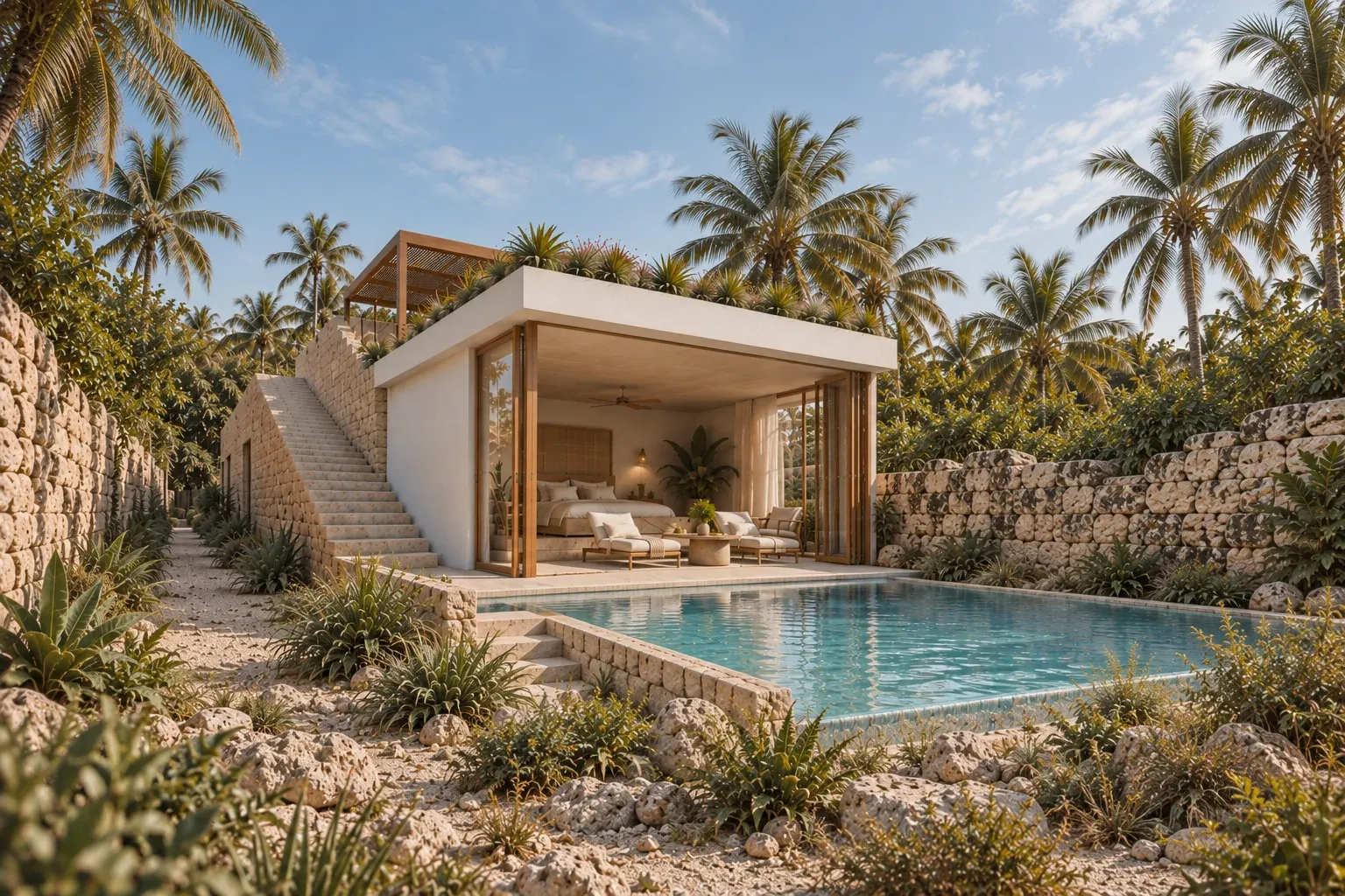 Render of a new Seasons Lodge villa, open to its pool behind coral stone walls under the palms