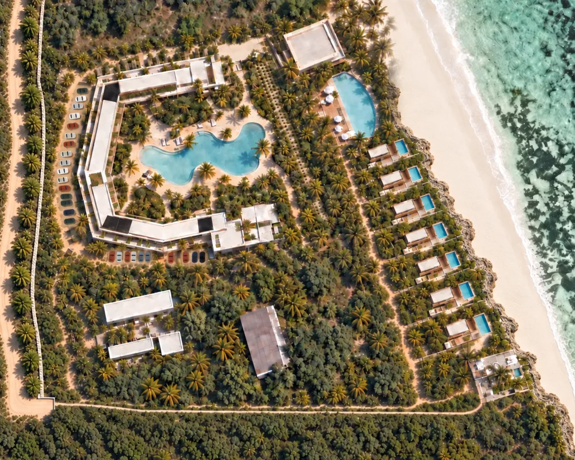 Masterplan of Seasons from above: the residences around the lagoon pool, set among the palms behind the beach