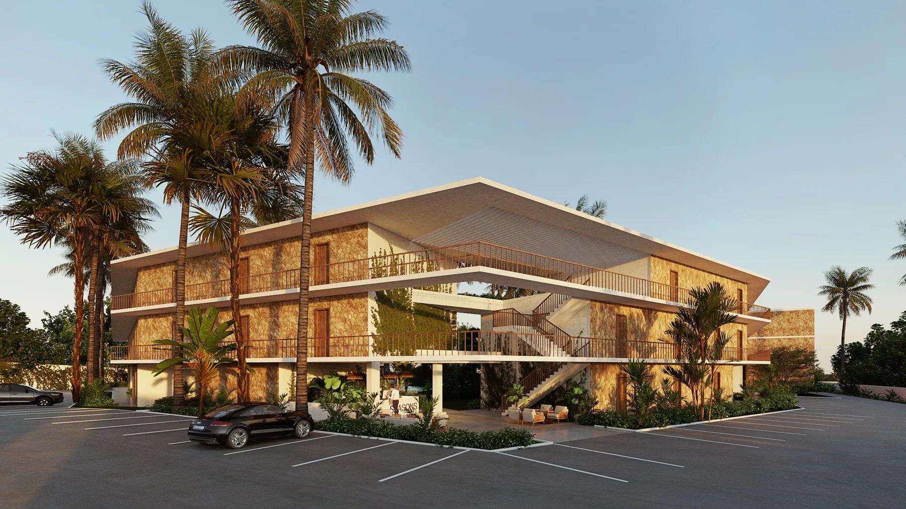 Render of a Seasons Residences block: coral stone walls under a deep white roof, open walkways and planting among the palms